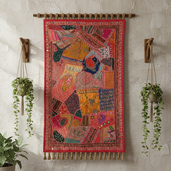 Pink Blue Embroidered Bed Throw – Indian Tapestry Wall Décor & Boho Headboard