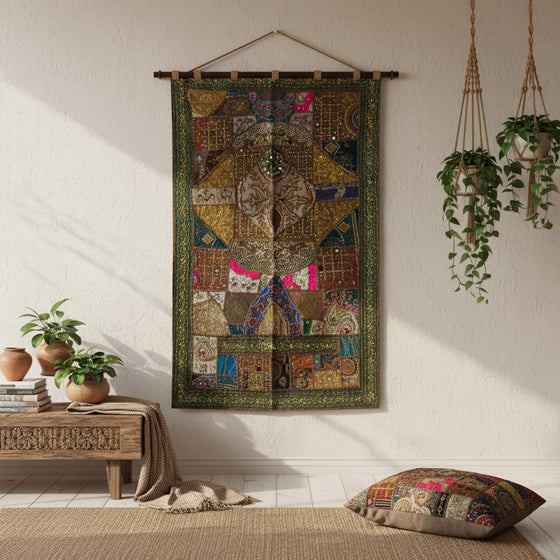 Brown Embroidered Bed Throw – Rhapsody Décor Indian Tapestry & Boho Headboard