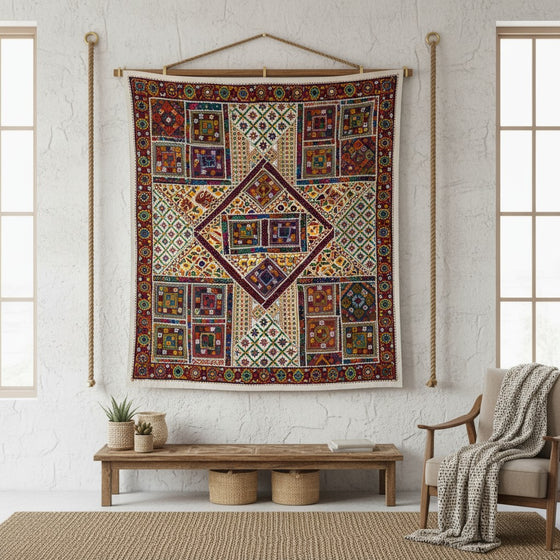 
Banjara White Embroidered Bed Throw – Indian Sari Tapestry Headboard & Boho Home Décor
