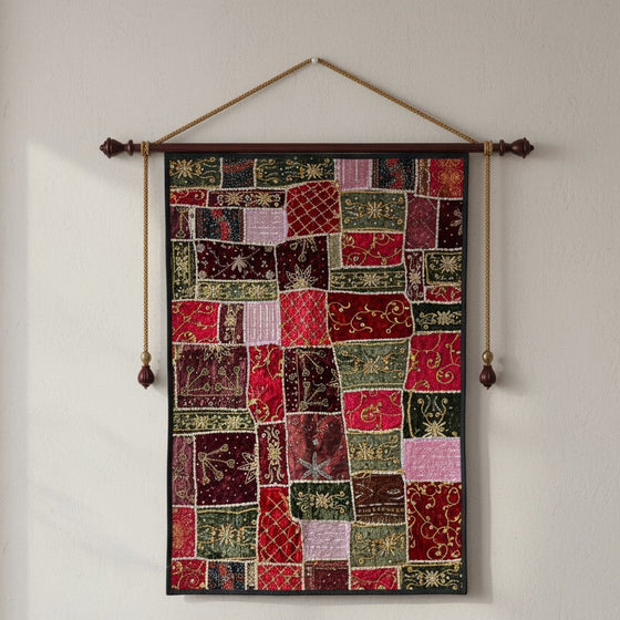 Indian Sari Tapestry Multi Red Beaded Wall Hanging – Handcrafted Boho Wall Decor