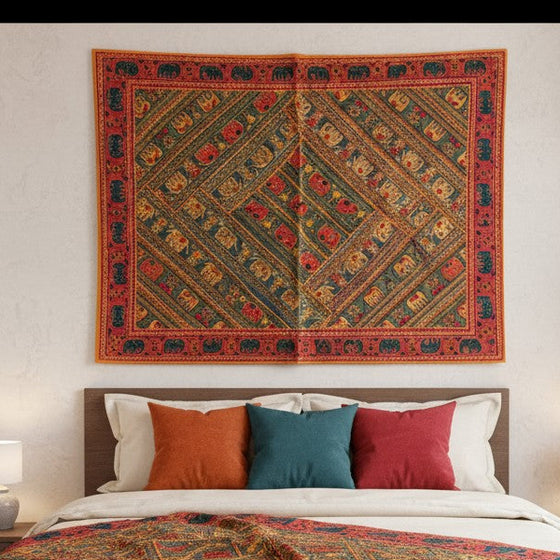 Boho Orange Elephant Embroidered Tapestry – Handcrafted Indian Bed Throw & Wall Decor
