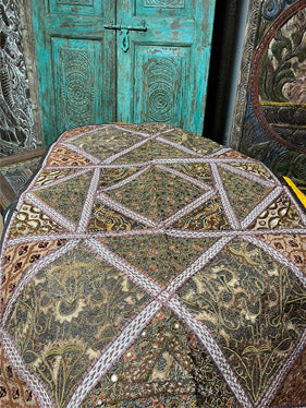 Sari Tapestry, Brown Golden Embroidered Bed Throw, Headboard, Indian Tapestry