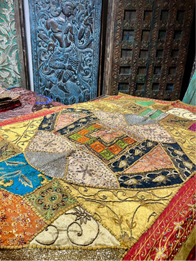 Vintage sari Patchwork beaded Tapestry, Gypsy sari decor, Bohemian Wall Hanging