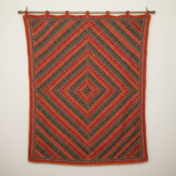 Beaded Indian Tapestry – Red & Orange Boho Wall Hanging Decor