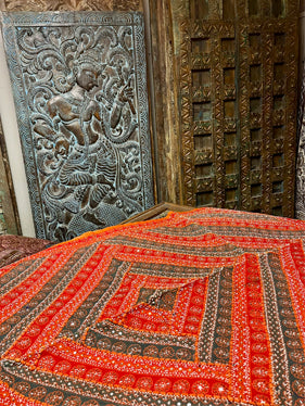 Beaded Indian Tapestry – Red & Orange Boho Wall Hanging Decor