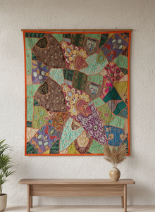  Orange & Green Indian Tapestry – Bohemian Wall Hanging, Vintage-Inspired Decorative Wall Art