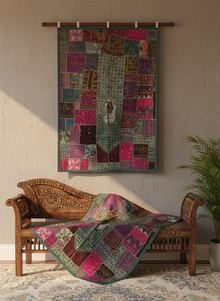  Indian Pink & Blue Sari Tapestry – Hand-Embroidered Wall Hanging with Sequins & Intricate