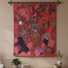  Vintage Red Rhapsody Sari Tapestry – Hand-Embroidered Patchwork Indian Wall Hanging