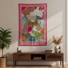  Pink Vintage Indian Rhapsody Tapestry – Boho Hand-Embroidered Wall Hanging, Patchwork Textile