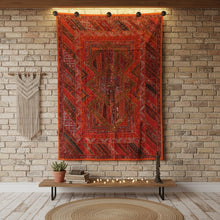  Vintage Orange Red Tapestry – Hand-Embroidered Patchwork Wall Hanging