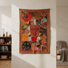  Orange Patchwork Embroidered Tapestry – Ethical Handmade Bohemian Wall Hanging 