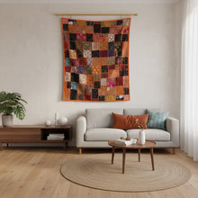  Indian Orange Embroidered Wall Hanging – Sari Patchwork Tapestry with Sequins