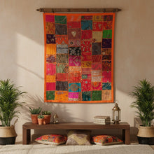  Indian Sari Tapestry Wall Hanging – Orange & Pink Embroidered Patchwork Boho Décor