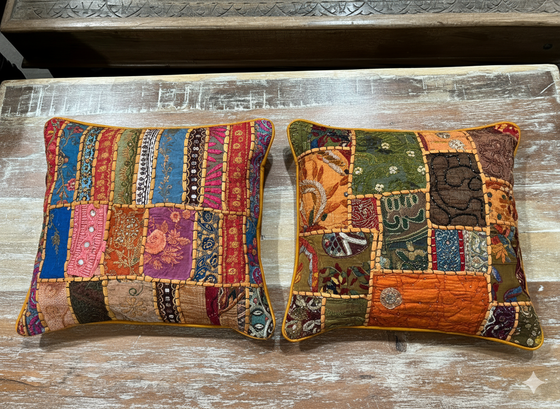 Handmade Boho Patchwork Cushion Covers – Yellow Multi Decorative Pillows for Living Room