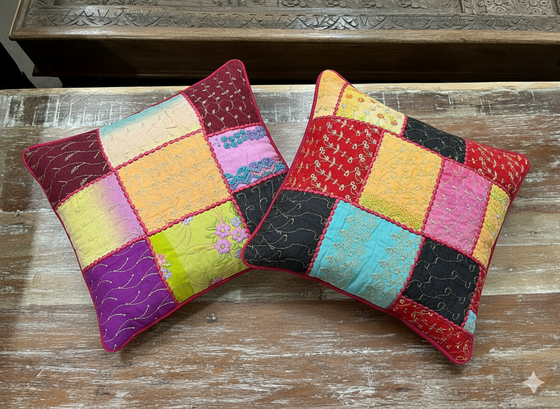 Handmade Boho Patchwork Cushion Covers – Red Decorative Throw Pillows for Living Room