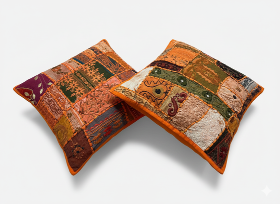  Boho Patchwork Cushion Covers – Orange Multi Decorative Throw Pillows for Living Room