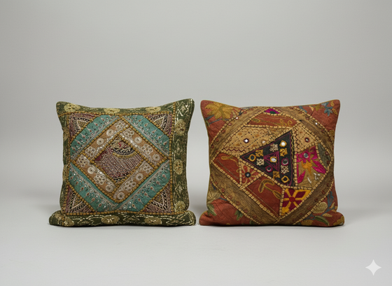 Boho Green & Beige Patchwork Cushion Covers – Handmade Decorative Throw Pillows 