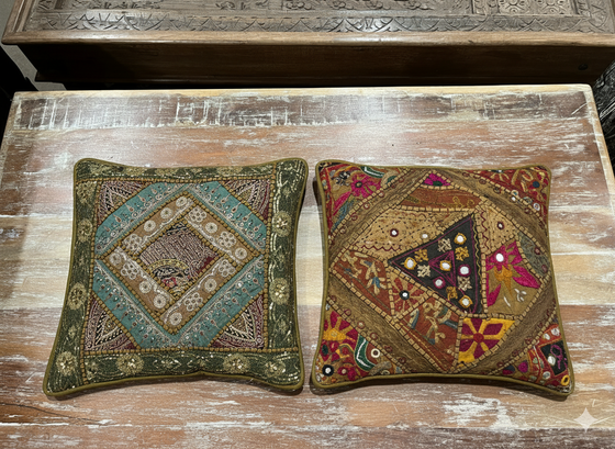 Boho Green & Beige Patchwork Cushion Covers – Handmade Decorative Throw Pillows 