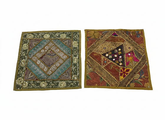 Boho Green & Beige Patchwork Cushion Covers – Handmade Decorative Throw Pillows 