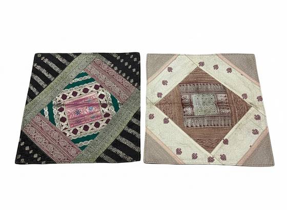 Boho Black & Beige Patchwork Cushion Covers – Handmade Vintage Sari Throw Pillows