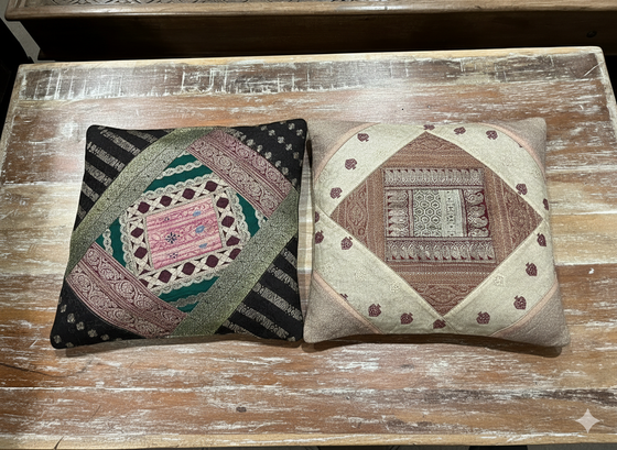 Boho Black & Beige Patchwork Cushion Covers – Handmade Vintage Sari Throw Pillows