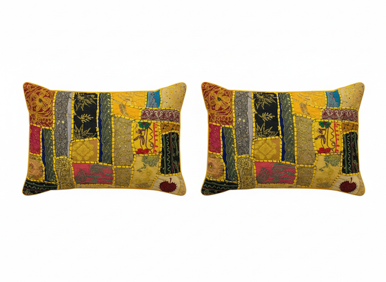 Boho Dark Yellow Patchwork Cushion Covers – Handmade Decorative Throw Pillows