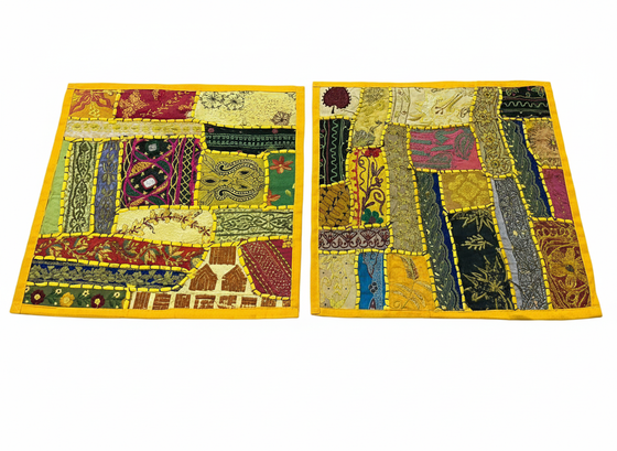 Boho Dark Yellow Patchwork Cushion Covers – Handmade Decorative Throw Pillows