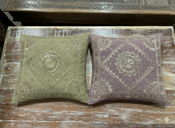 Green & Purple Patchwork Cushion Covers – Handmade Vintage Throw Pillows