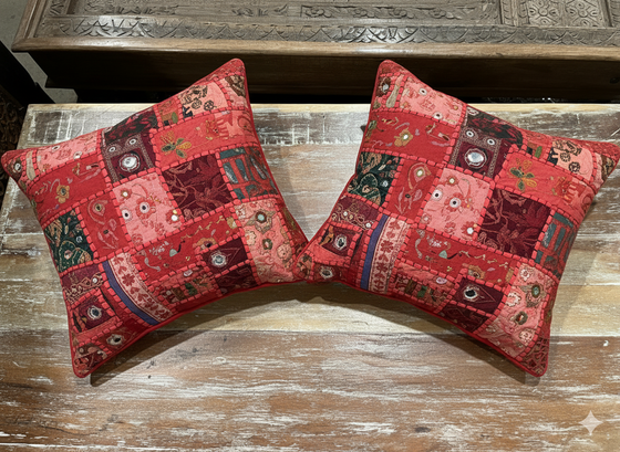Handmade Dark Red Patchwork Cushion Covers – Bohemian Throw Pillows for Sofa & Bed
