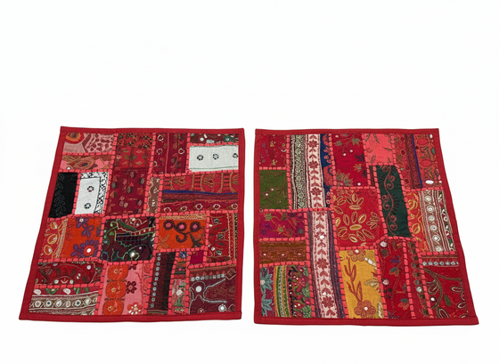 Handmade Dark Red Patchwork Cushion Covers – Bohemian Throw Pillows for Sofa & Bed
