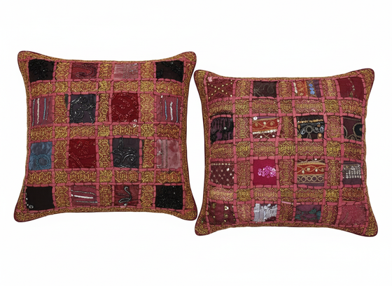 Handmade Dark Red Patchwork Cushion Covers – Bohemian Throw Pillow Cases for Sofa