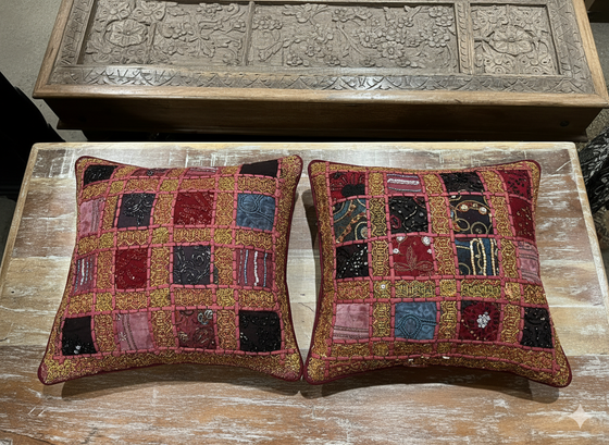 Handmade Dark Red Patchwork Cushion Covers – Bohemian Throw Pillow Cases for Sofa
