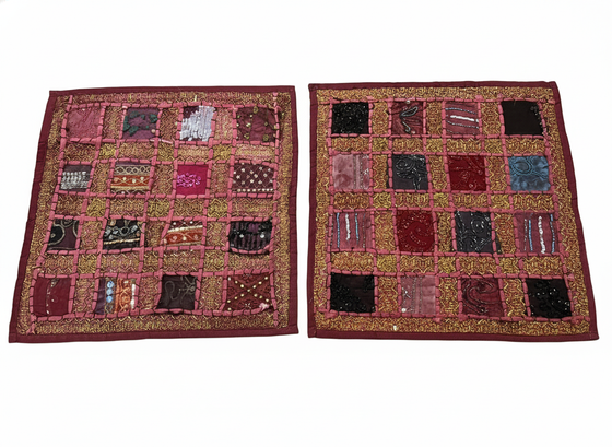Handmade Dark Red Patchwork Cushion Covers – Bohemian Throw Pillow Cases for Sofa