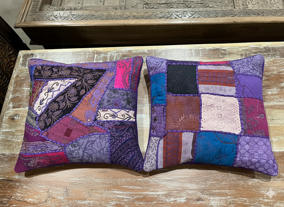 Handmade Purple Patchwork Cushion Covers – Bohemian Throw Pillows for Sofa & Bed