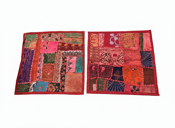 Dark Red Patchwork Cushion Covers – Bohemian Decorative Throw Pillows for Living Room