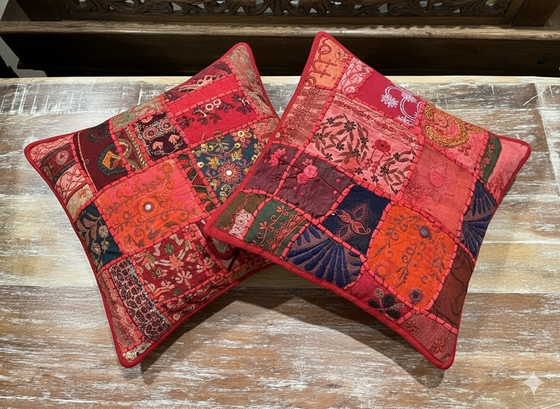 Dark Red Patchwork Cushion Covers – Bohemian Decorative Throw Pillows for Living Room