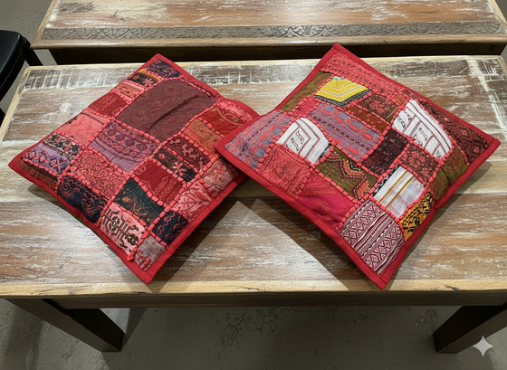 Dark Red Patchwork Cushion Covers – Bohemian Throw Pillows for Living Room