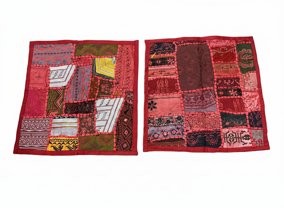 Dark Red Patchwork Cushion Covers – Bohemian Throw Pillows for Living Room