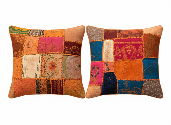 Orange Boho Patchwork Cushion Covers – Handmade Throw Pillows for Living Room