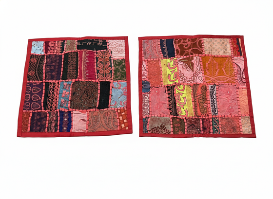 Red Patchwork Cushion Covers – Handmade Bohemian Throw Pillows for Living Room