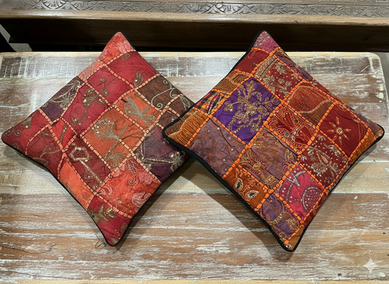 Handmade Red, Black Patchwork Cushion Covers – Bohemian Throw Pillows for Living Room Décor