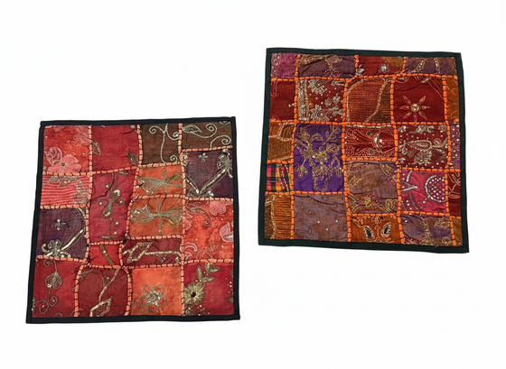 Handmade Red, Black Patchwork Cushion Covers – Bohemian Throw Pillows for Living Room Décor