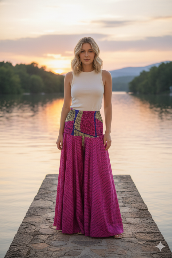 Handmade Bohemian Silk Palazzo Pants – Magenta Pink, Flowy & Chic