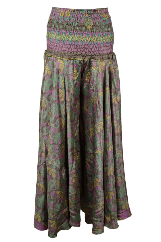 Handmade Bohemian Silk Wide-Leg Pants – Purple & Green Elegance 