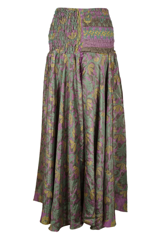 Handmade Bohemian Silk Wide-Leg Pants – Purple & Green Elegance 