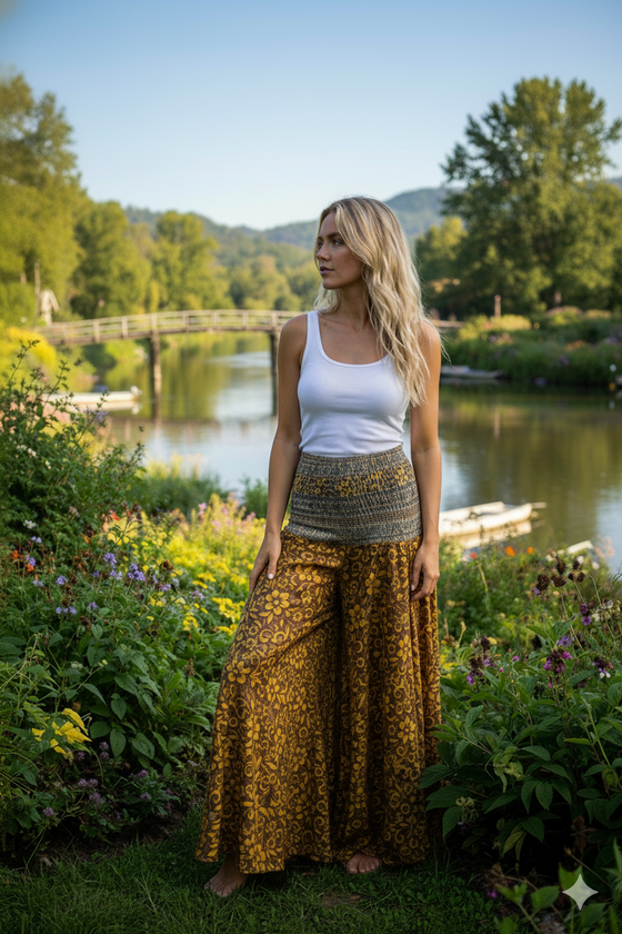 Women's Olive Green Boho Wide-Leg Pants – Handmade Flowy Divided Skirt Trousers