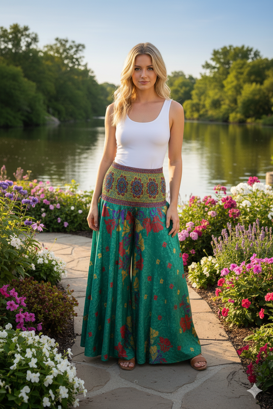 Boho Hippie Forest Green Floral Palazzo Pants – Breezy Flowy Pants for Spring & Summer