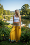 Women's Gold Yellow Flowy Divided Skirt Pants – Handmade Flared Beach Palazzo Trousers