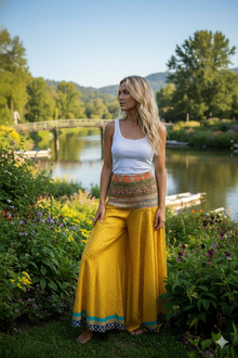  Women's Gold Yellow Flowy Divided Skirt Pants – Handmade Flared Beach Palazzo Trousers