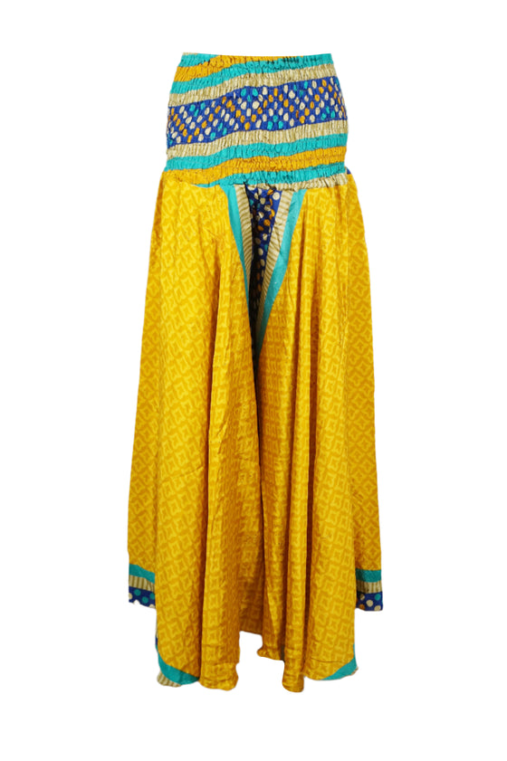 Women's Gold Yellow Flowy Divided Skirt Pants – Handmade Flared Beach Palazzo Trousers